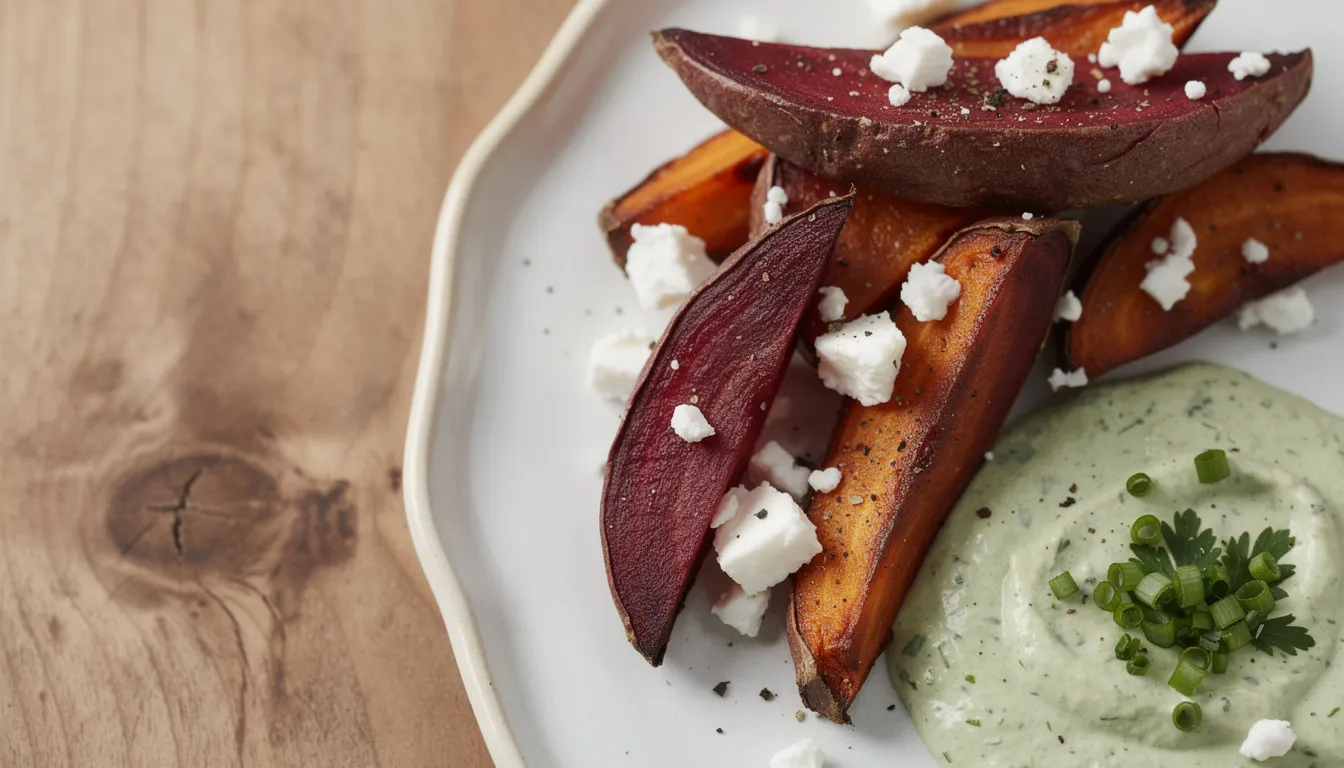 Knusprige Rote Bete und Süßkartoffel Wedges mit Feta und Kräuter-Dip