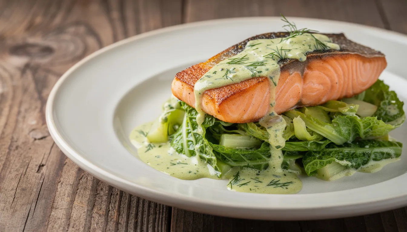 Lachsfilet auf cremigem Rahmwirsing mit Dill-Zitronen-Butter