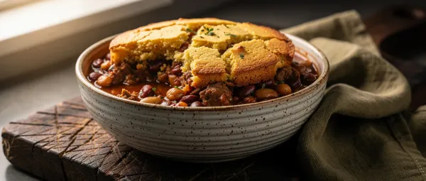 Deftiges Chili mit Maisbrot aus einer Pfanne