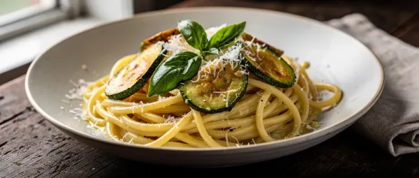 Spaghetti Nerano Art mit Gebratenen Zucchini