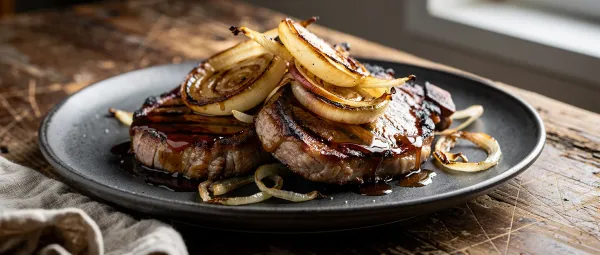 Schweinekoteletts mit Honig-Soja-Glasur und gegrillten Zwiebeln