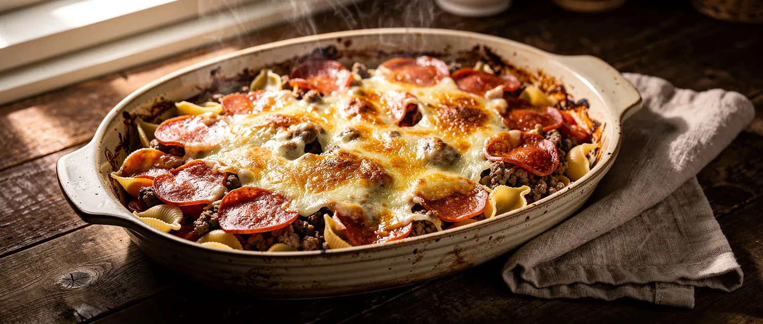 Rindfleisch-Nudelauflauf mit Peperoni und Mozzarella