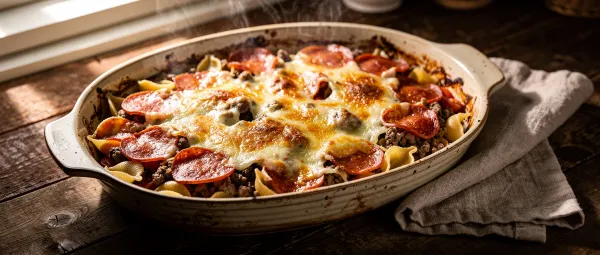 Rindfleisch-Nudelauflauf mit Peperoni und Mozzarella