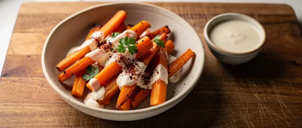 Möhren aus der Heißluftfritteuse mit Tahini-Zitronen-Soße