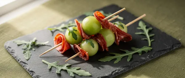 Melonen-Salami-Spieße mit Rucola