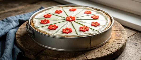 Käsekuchen mit Blauschimmelkäse und Paprika-Dekor