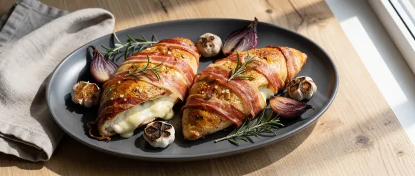 Speckummantelte Hähnchenbrust gefüllt mit Mozzarella und Knoblauch