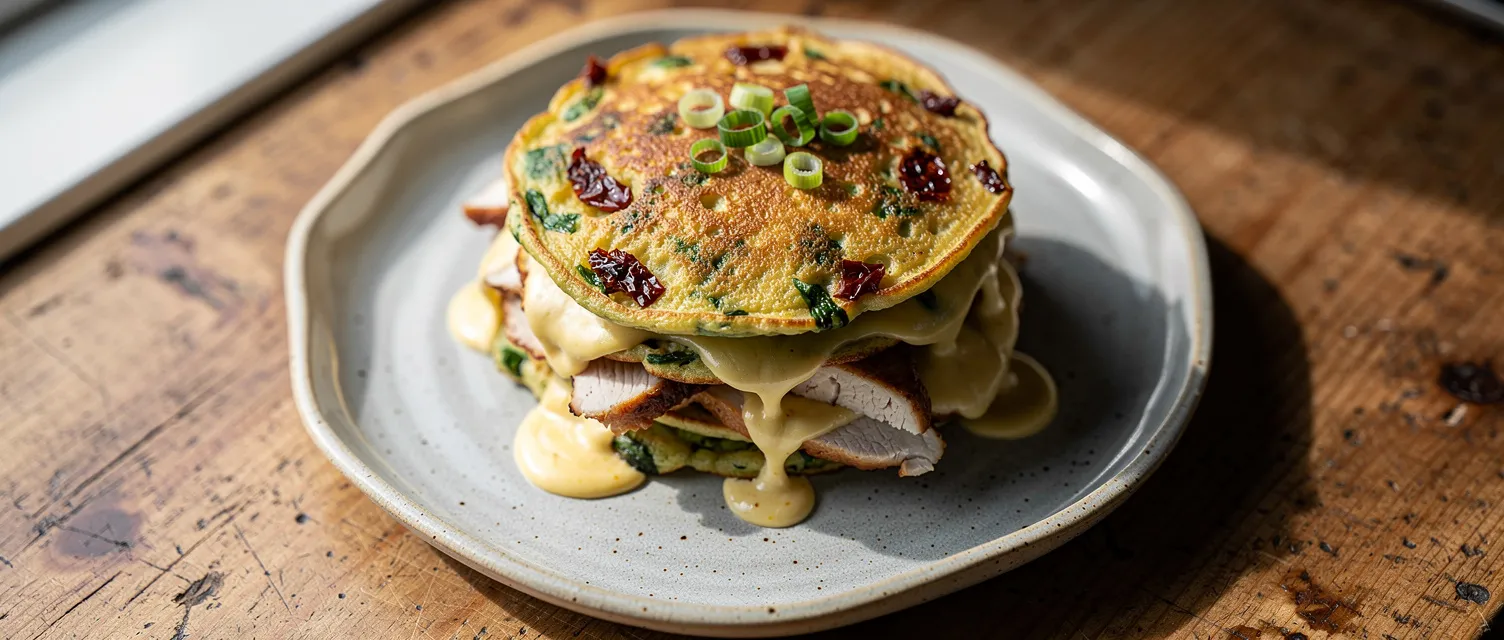 Deftige Pfannkuchen mit Frühlingszwiebeln und Hähnchen