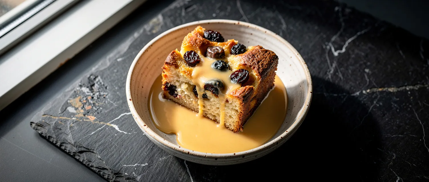 Rum-Rosinen-Brotpudding mit warmer Vanillesauce