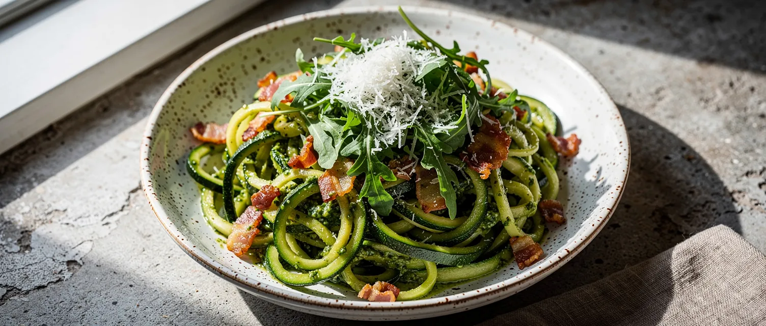 Zucchini-Nudeln mit Basilikum-Pesto und Speck