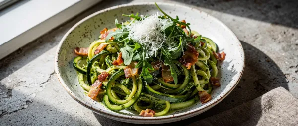 Zucchini-Nudeln mit Basilikum-Pesto und Speck