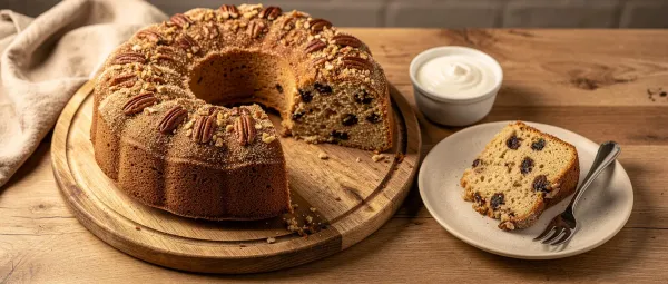 Leichter Kaffee-Kuchen mit Joghurt, Pekannüssen und Rosinen