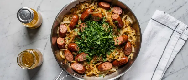 Wurst- und Kohlgemüse aus der Pfanne