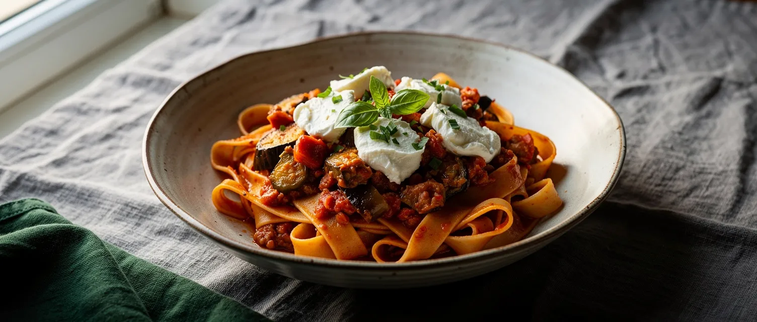 Auberginen-Pappardelle mit Tomaten und Mozzarella