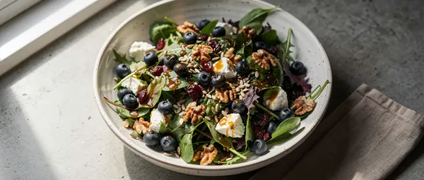 Ahornsirup-Salat mit Nüssen, Kernen, Blaubeeren und Ziegenkäse
