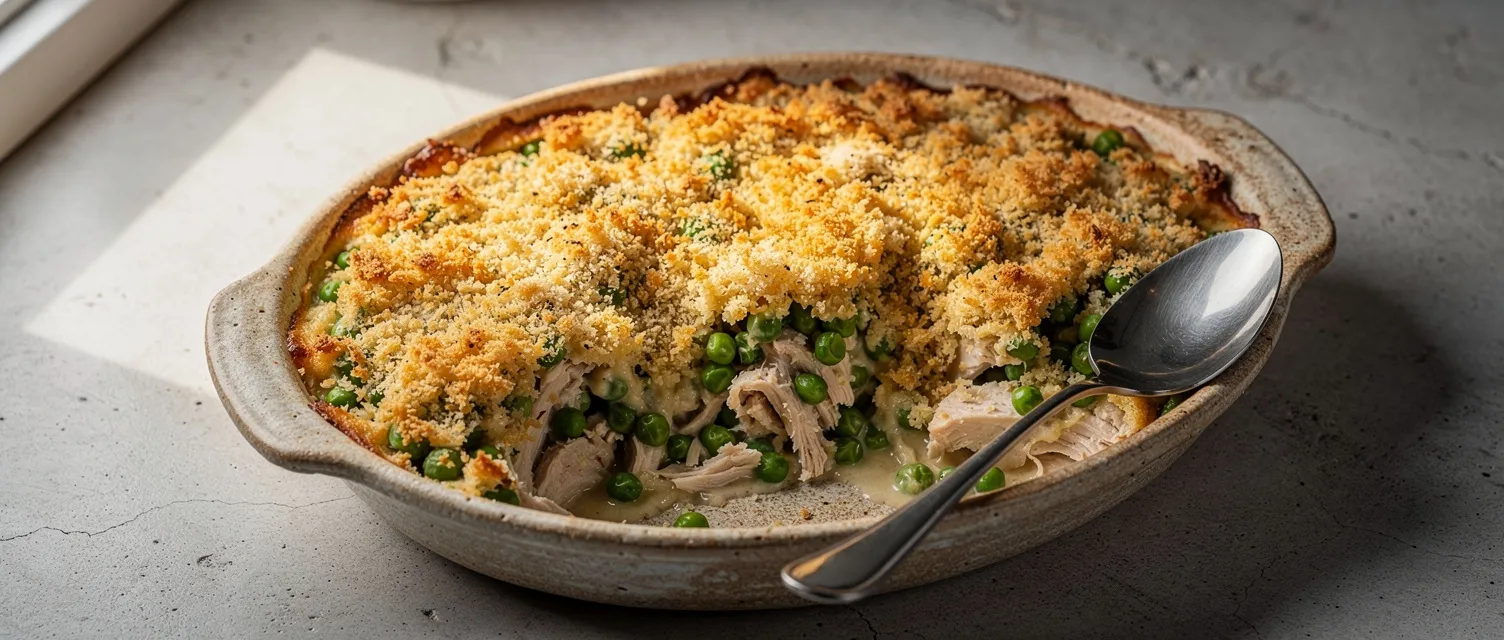 Hähnchen-Auflauf mit Erbsen und Brötchenfüllung