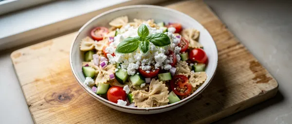 Mediterraner Nudelsalat mit Hummus