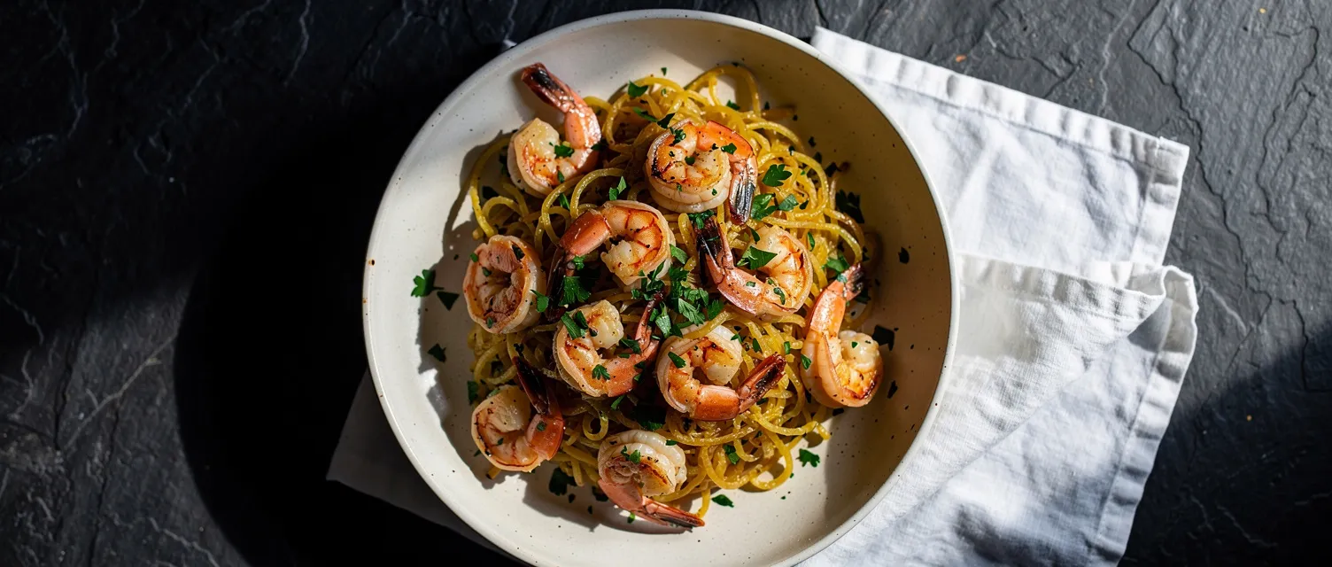 Garnelen-Scampi mit Spaghettikürbis