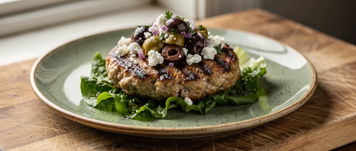 Mittelmeer-Puten-Burger mit Oliven-Feta-Topping