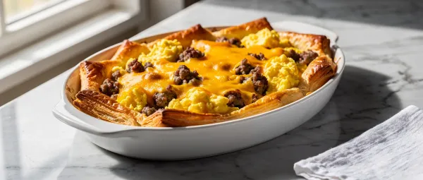 Deftiger Frühstücksauflauf mit Wurst und Käse