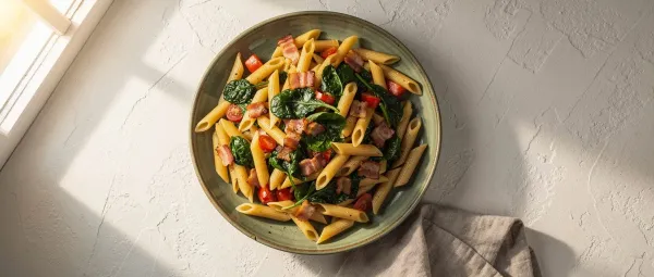 Penne mit Spinat und Speck