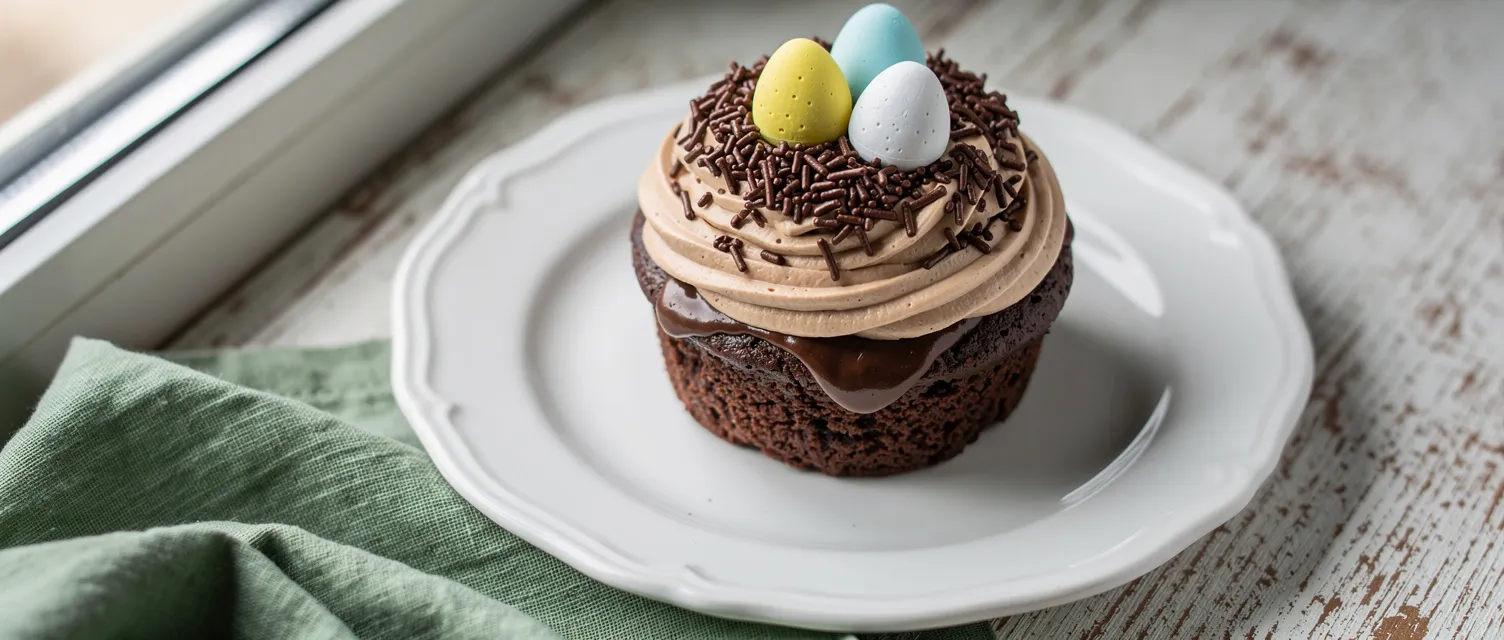 Frühlings-Cupcakes mit Schokoladenfüllung und Osternest