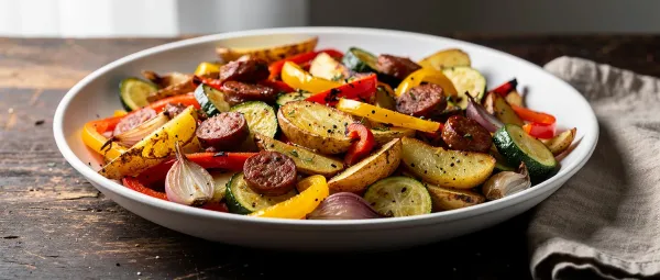 Wurst, Schalotten und Kürbis aus der Ofenpfanne
