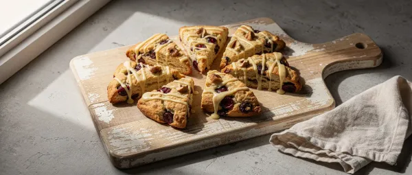 Zitronige Preiselbeer-Haselnuss-Scones mit Zitronenglasur