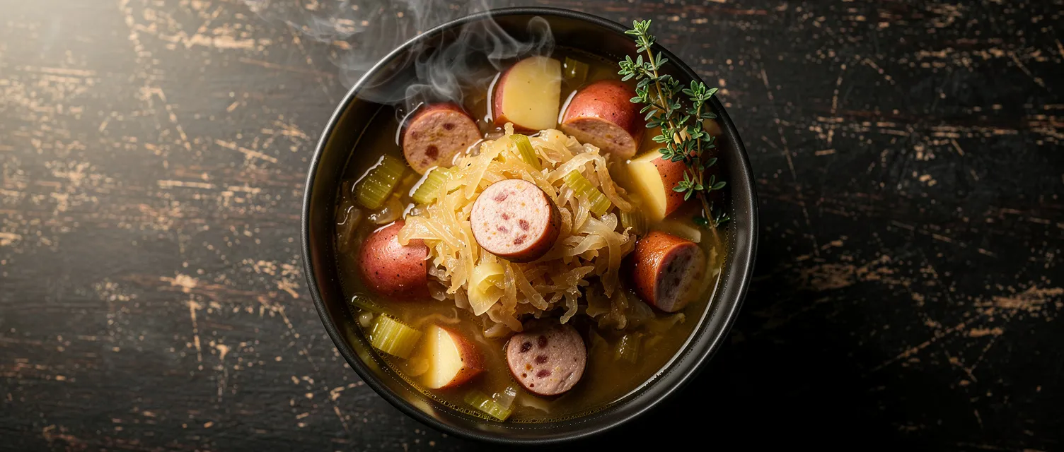 Schnelle Sauerkrautsuppe mit Wurst aus dem Schnellkochtopf