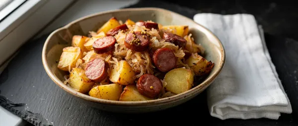 Geräucherte Wurst mit Kartoffeln, Sauerkraut und Ale