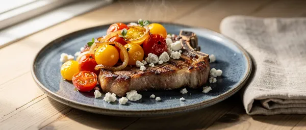 Schweinekoteletts mit frischen Tomaten, Zwiebeln, Knoblauch und Feta