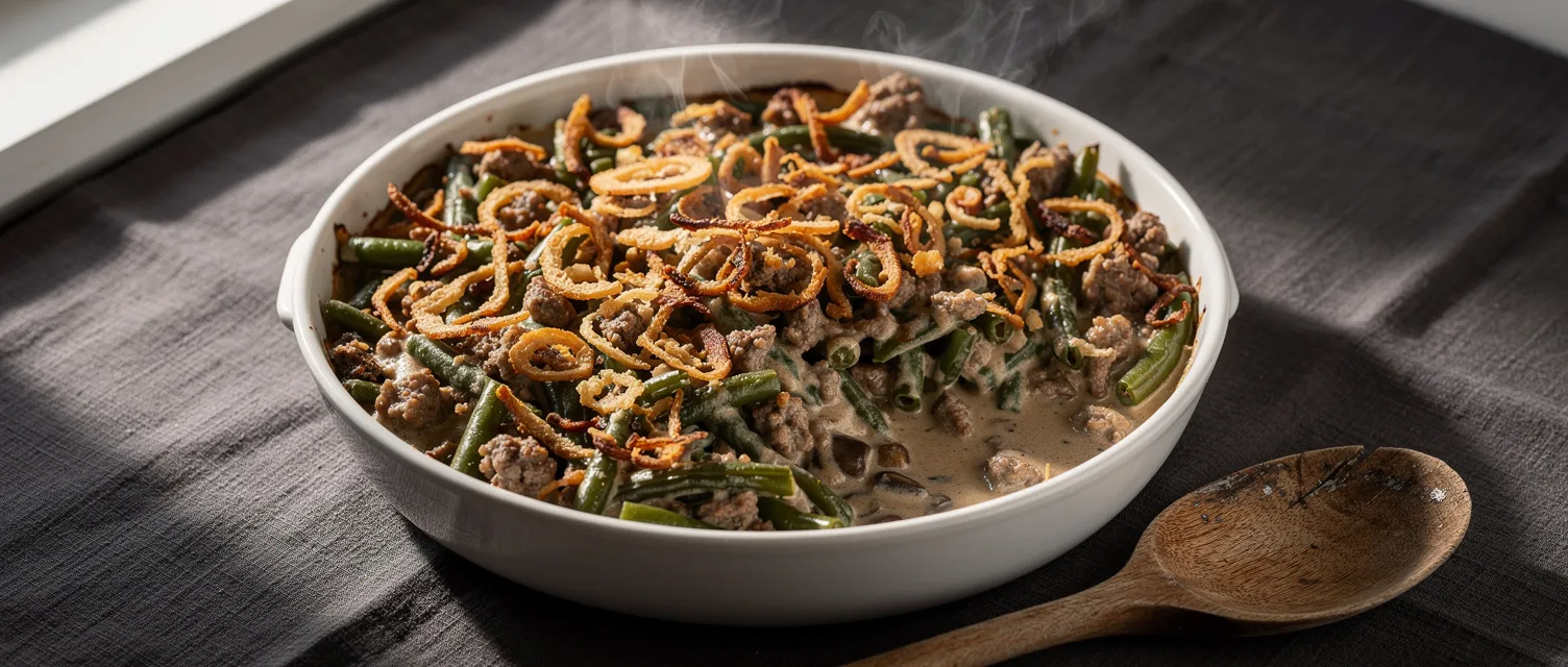 Deftiger Grüne-Bohnen-Auflauf mit Wurst