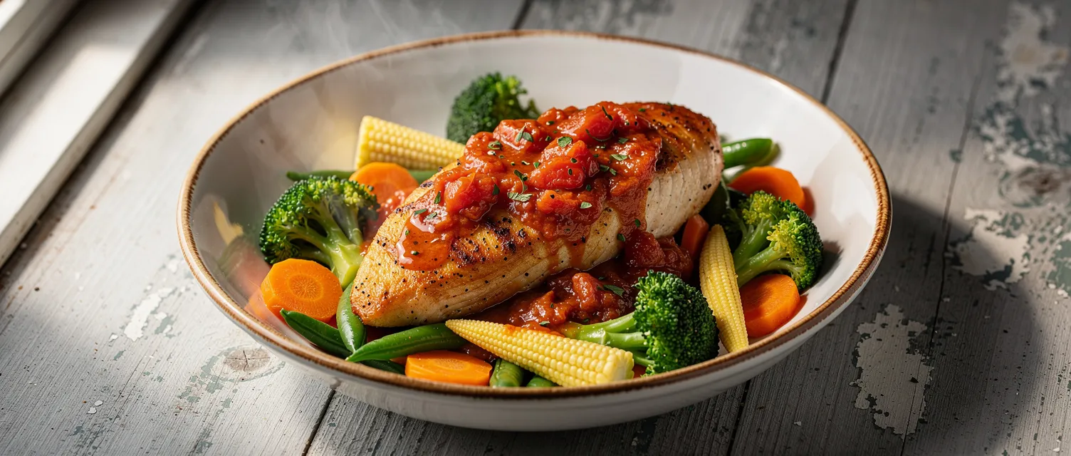 Zarte Hähnchenbrust mit Tomaten und Gemüse