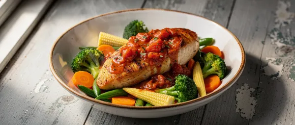Zarte Hähnchenbrust mit Tomaten und Gemüse