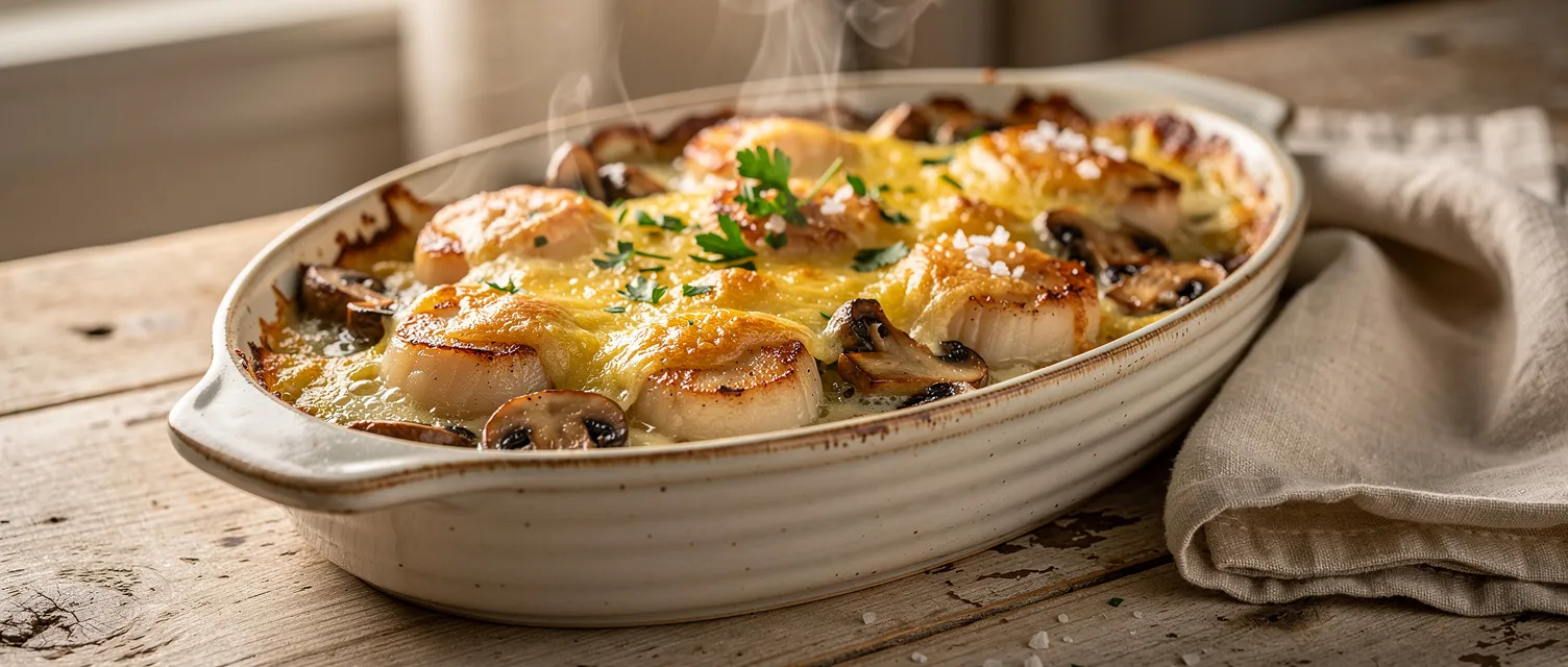 Gratinierte Jakobsmuscheln mit Pilz-Käse-Haube