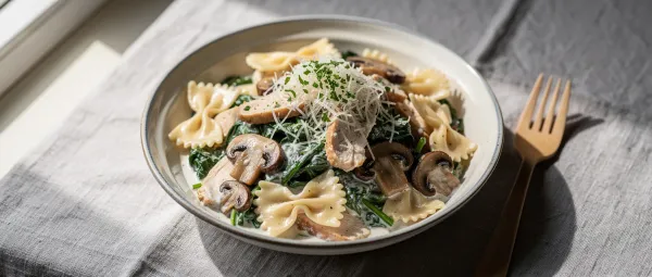 Cremige Hähnchen-Pilz-Spinat-Nudeln