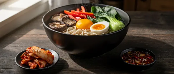 Vegetarische Ramen-Nudelsuppe mit Pilzen und Pak Choi