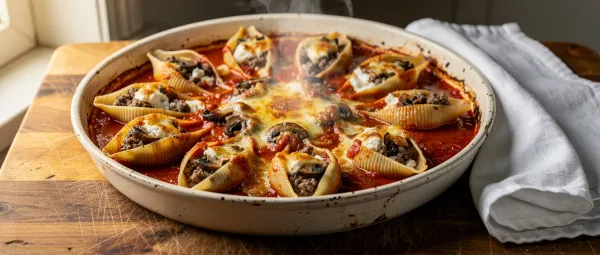 Gefüllte Muschelnudeln mit Rindfleisch und Pilzen