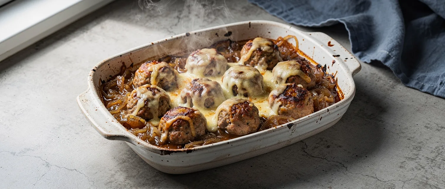 Hähnchenfrikadellen mit Zwiebelsauce und Gruyère