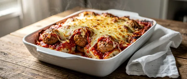 Hackbällchen-Auflauf mit Knoblauchbrot