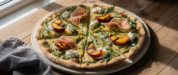 Pizza mit gegrillten Pfirsichen und Prosciutto