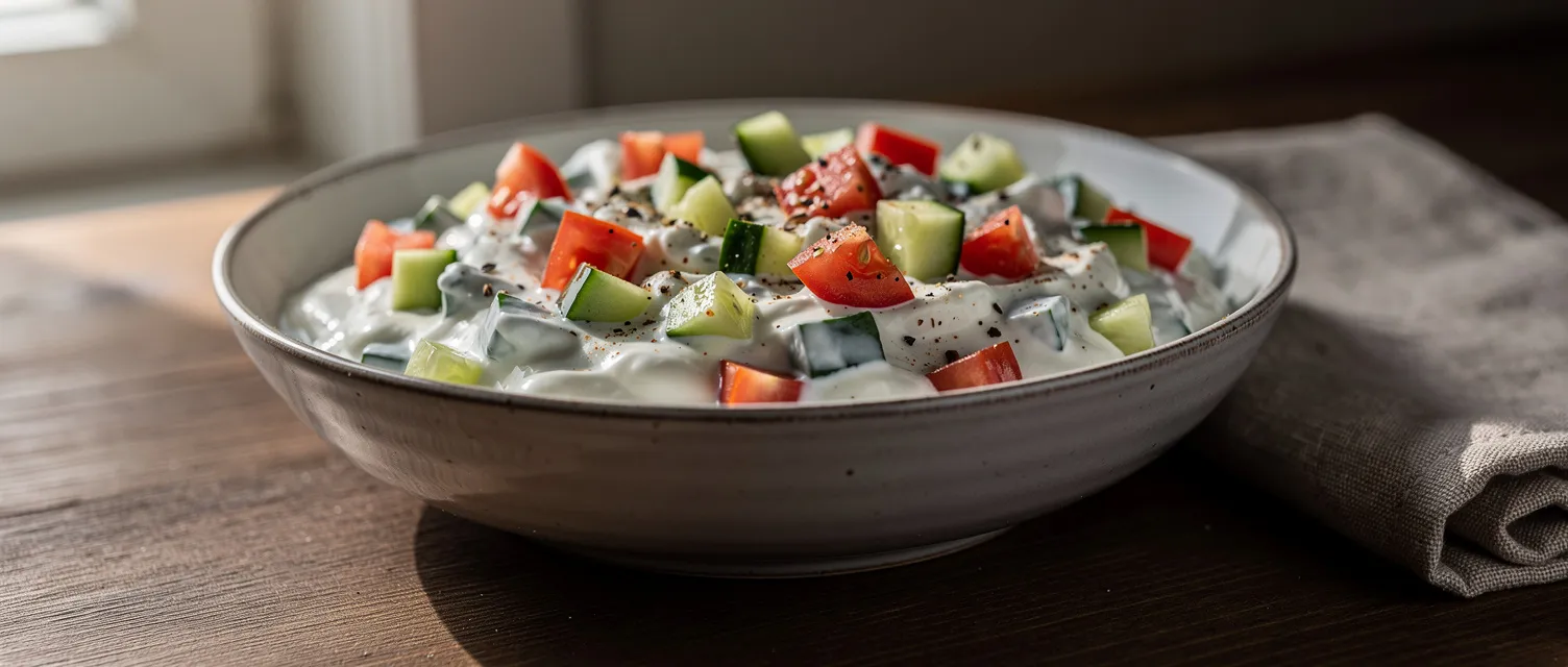 Erfrischender Joghurt-Dip mit Gurke und Tomate